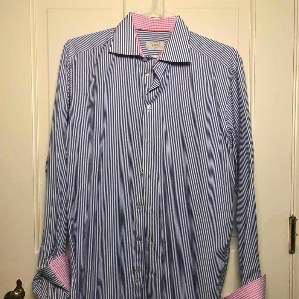 Eton Blue Stripe Dress Shirt size 17/43.